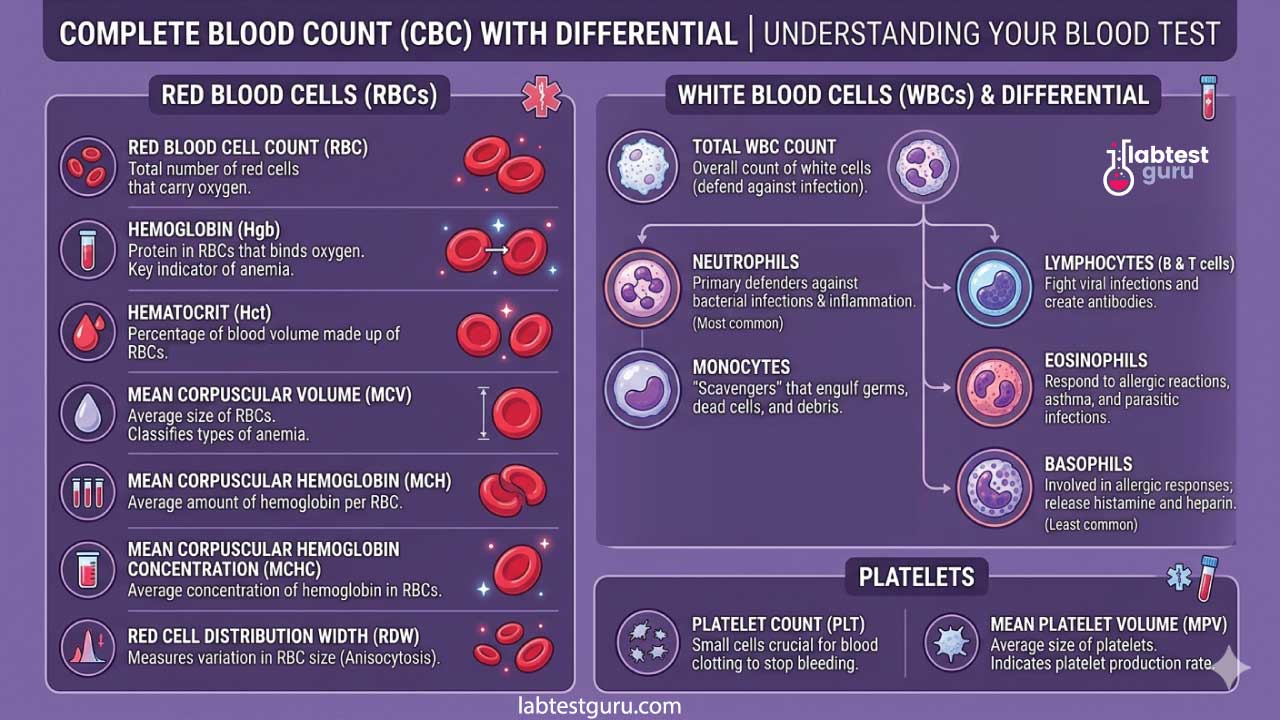 A complete blood count or CBC with differential functions as a comprehensive health screen by measuring the various cellular components of the blood and their specific roles. Red blood cell (RBC) count, hemoglobin, and hematocrit determine how efficiently oxygen is delivered to tissues, while indices like MCV, MCH, and MCHC define the physical characteristics and hemoglobin density of those cells, with RDW tracking size consistency. The white blood cell (WBC) count and its differential provide a look at the immune system's status: neutrophils primarily combat bacteria, lymphocytes drive viral defense and long-term immunity, monocytes scavenge dead cells and foreign material, and eosinophils and basophils manage allergic reactions and parasitic infections. Completing the panel, platelet counts and mean platelet volume (MPV) assess the body's clotting potential and the rate of platelet production, ensuring the blood can properly seal wounds and prevent excessive bleeding.