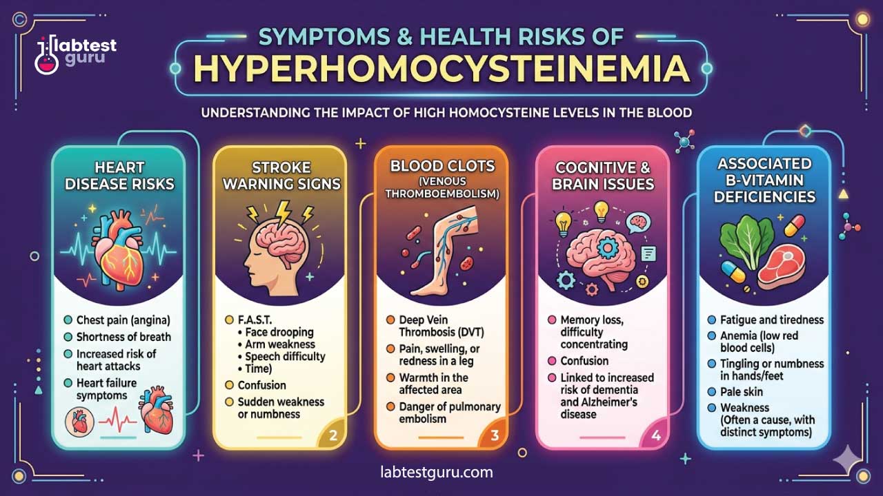 Hyperhomocysteinemia is often characterized as a "silent" condition because elevated levels of homocysteine itself rarely cause direct symptoms; instead, patients typically experience issues stemming from underlying B-vitamin deficiencies or subsequent cardiovascular damage. Common signs of the associated vitamin deficiencies include persistent fatigue, pale skin, and neurological sensations like tingling or numbness in the hands and feet. If the condition leads to more severe complications, symptoms may escalate to chest pain, shortness of breath, or localized swelling and redness in the legs indicative of blood clots. Additionally, long-term cognitive impacts can manifest as memory lapses, confusion, or "brain fog," making regular diagnostic blood tests essential for detection since the body’s warning signs are often subtle or attributed to secondary health issues.