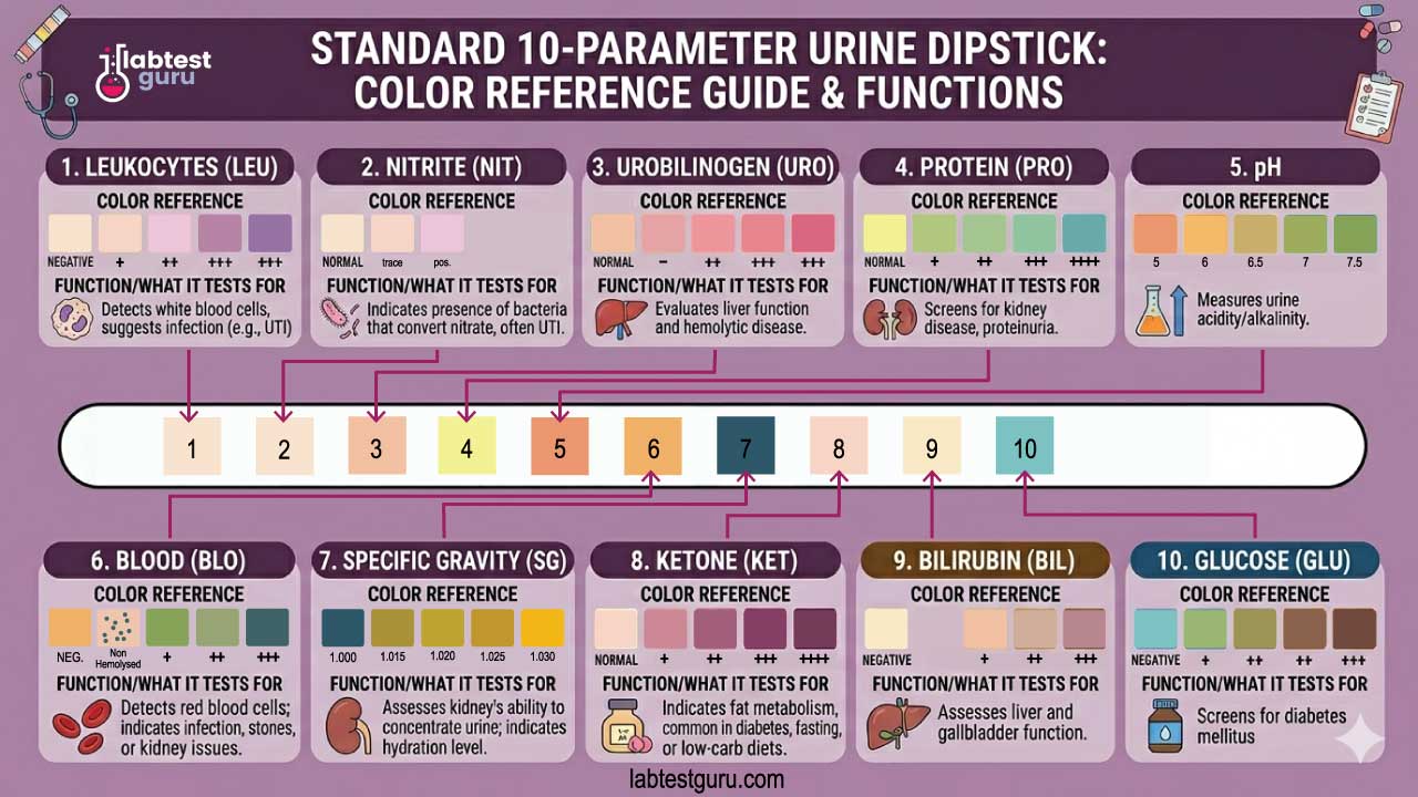 An infographic of of a standard 10 parameter urine dipstick for urinalysis